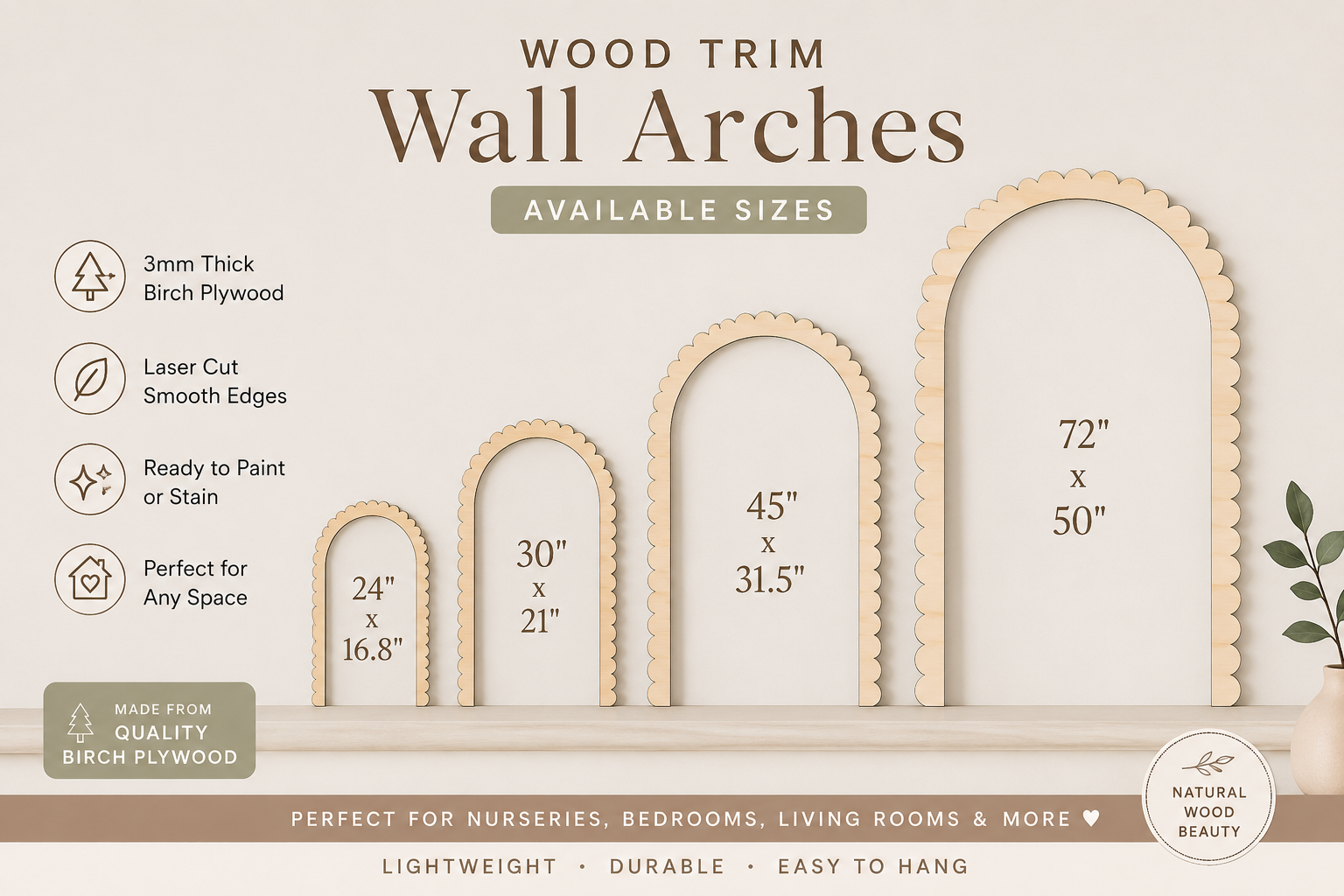 Scalloped Arch Wall Trim | Renter Friendly Nursery Arch | Birch Wood Arch Frame | Peel & Stick Wall Arch | Kids Room Decor