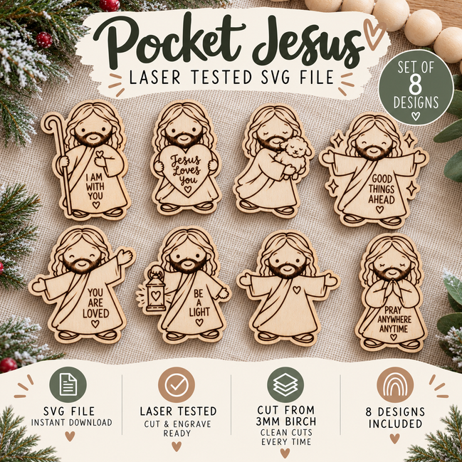 Pocket Jesus SVG Bundle | 8 Mini Jesus Laser Cut Files