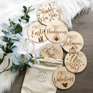 First Holiday Milestones | Milestone Discs | Wooden Milestone Markers | Baby Photo Props | Baby Shower Gifts | Baby's Firsts Milestone Set