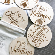 First Holiday Milestones | Milestone Discs | Wooden Milestone Markers | Baby Photo Props | Baby Shower Gifts | Baby's Firsts Milestone Set