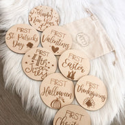 First Holiday Milestones | Milestone Discs | Wooden Milestone Markers | Baby Photo Props | Baby Shower Gifts | Baby's Firsts Milestone Set