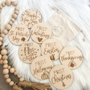 First Holiday Milestones | Milestone Discs | Wooden Milestone Markers | Baby Photo Props | Baby Shower Gifts | Baby's Firsts Milestone Set
