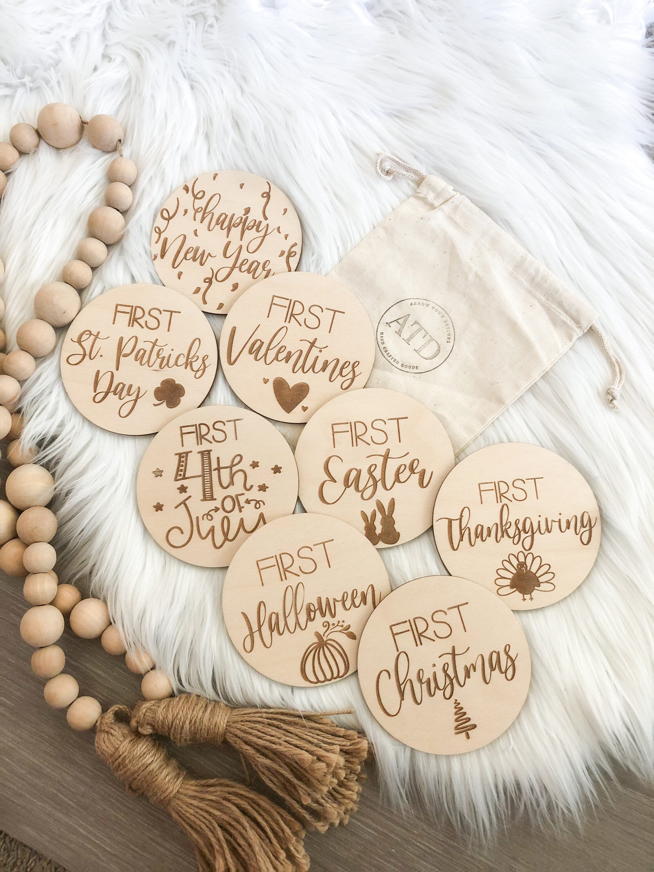 First Holiday Milestones | Milestone Discs | Wooden Milestone Markers | Baby Photo Props | Baby Shower Gifts | Baby's Firsts Milestone Set