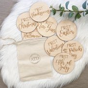 First Holiday Milestones | Milestone Discs | Wooden Milestone Markers | Baby Photo Props | Baby Shower Gifts | Baby's Firsts Milestone Set