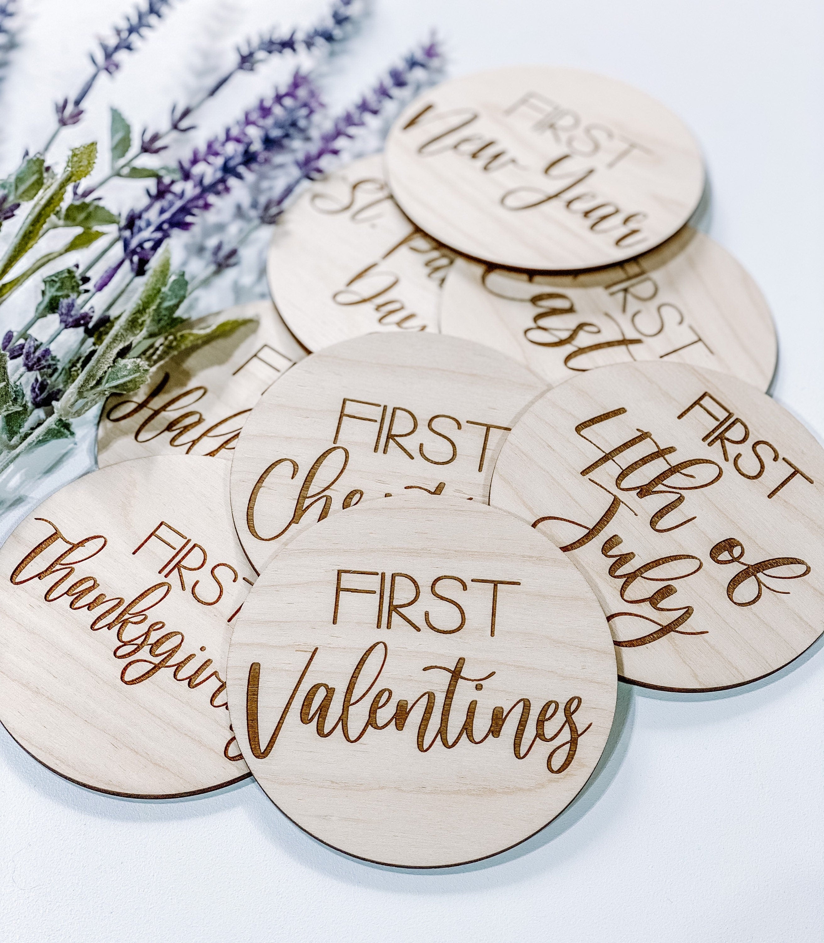 First Holiday Milestones | Milestone Discs | Wooden Milestone Markers | Baby Photo Props | Baby Shower Gifts | Baby's Firsts Milestone Set