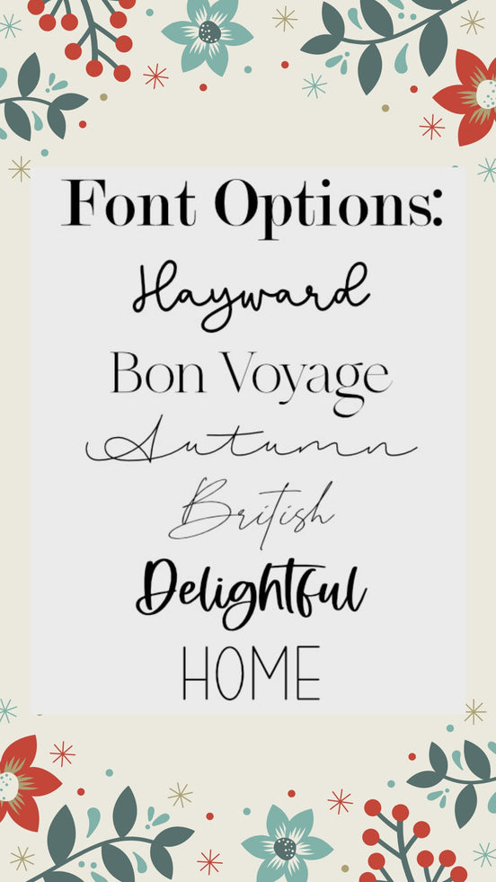 Six labeled font options shown with sample lettering for wooden stocking tags.