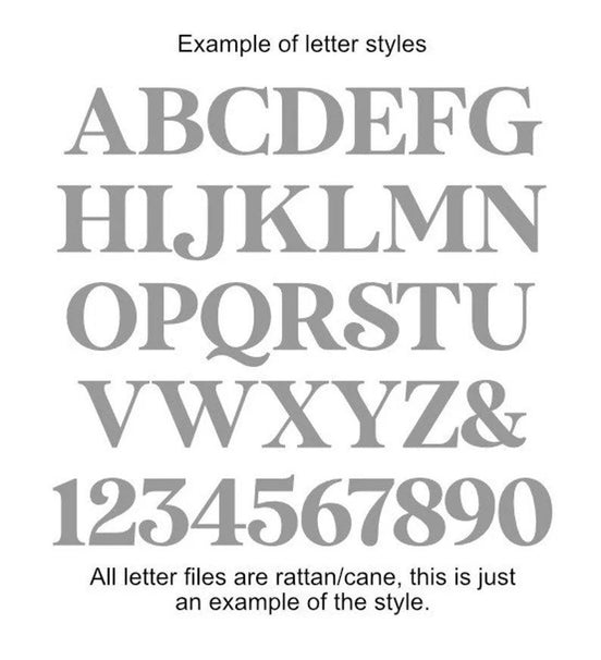 Lettering style chart showing uppercase letters, an ampersand and numerals for cane-pattern signs.