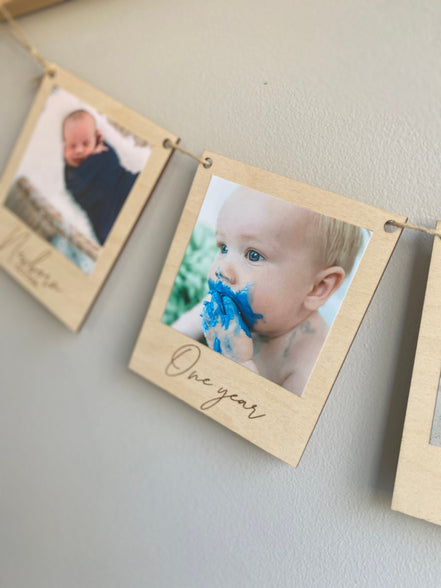 Milestone Birthday Photo Banner | Personalized Wooden Polaroid-Style Picture Display | Yearly Birthday Keepsake for Kids