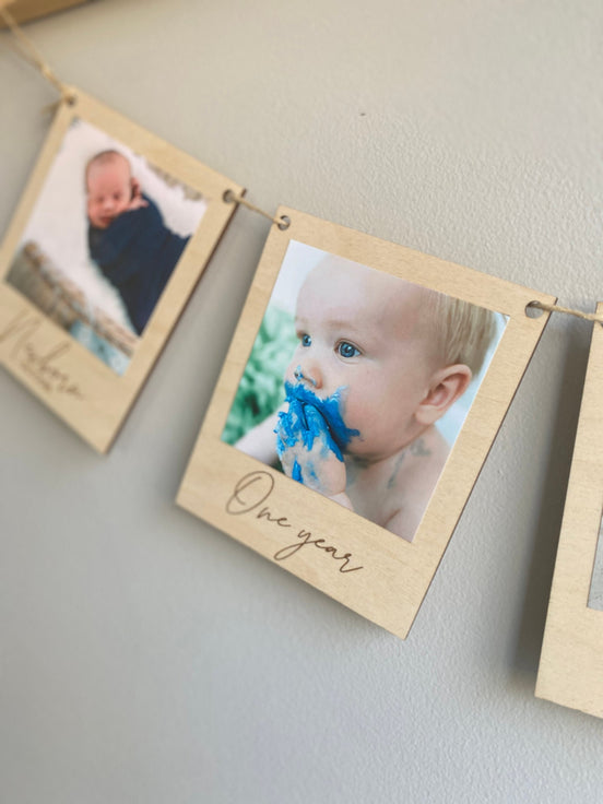 Milestone Birthday Photo Banner | Personalized Wooden Polaroid-Style Picture Display | Yearly Birthday Keepsake for Kids