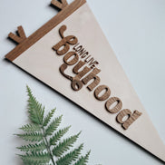 Long Live Boyhood Wood Flag  Laser Cut Birch Wall Décor  3D Walnut Sign for Kids Room  Boys Bedroom Pennant