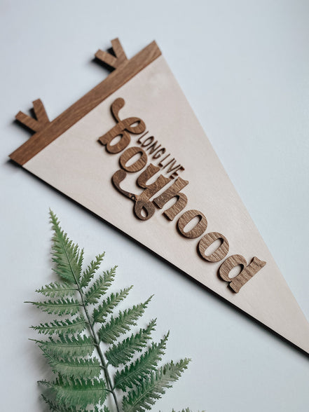 Long Live Boyhood Wood Flag  Laser Cut Birch Wall Décor  3D Walnut Sign for Kids Room  Boys Bedroom Pennant