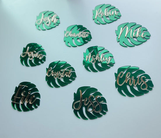 Acrylic Wedding Monstera Leaf Place Tags Names | Wedding Tropical Name Tags | Wedding Custom Table Decor | Tropical Wedding Place Card Name