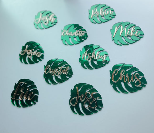 Acrylic Wedding Monstera Leaf Place Tags Names | Wedding Tropical Name Tags | Wedding Custom Table Decor | Tropical Wedding Place Card Name