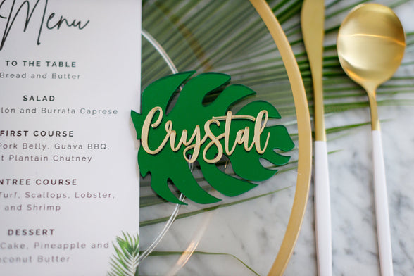 Acrylic Wedding Monstera Leaf Place Tags Names | Wedding Tropical Name Tags | Wedding Custom Table Decor | Tropical Wedding Place Card Name