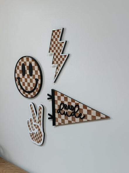 Checker Print Signs | Playroom Decor | Wood Signs | Peace | Lightning | Smile Face | Pennant Flag | Boy | Rad Dude | Wall Art | Boys Room