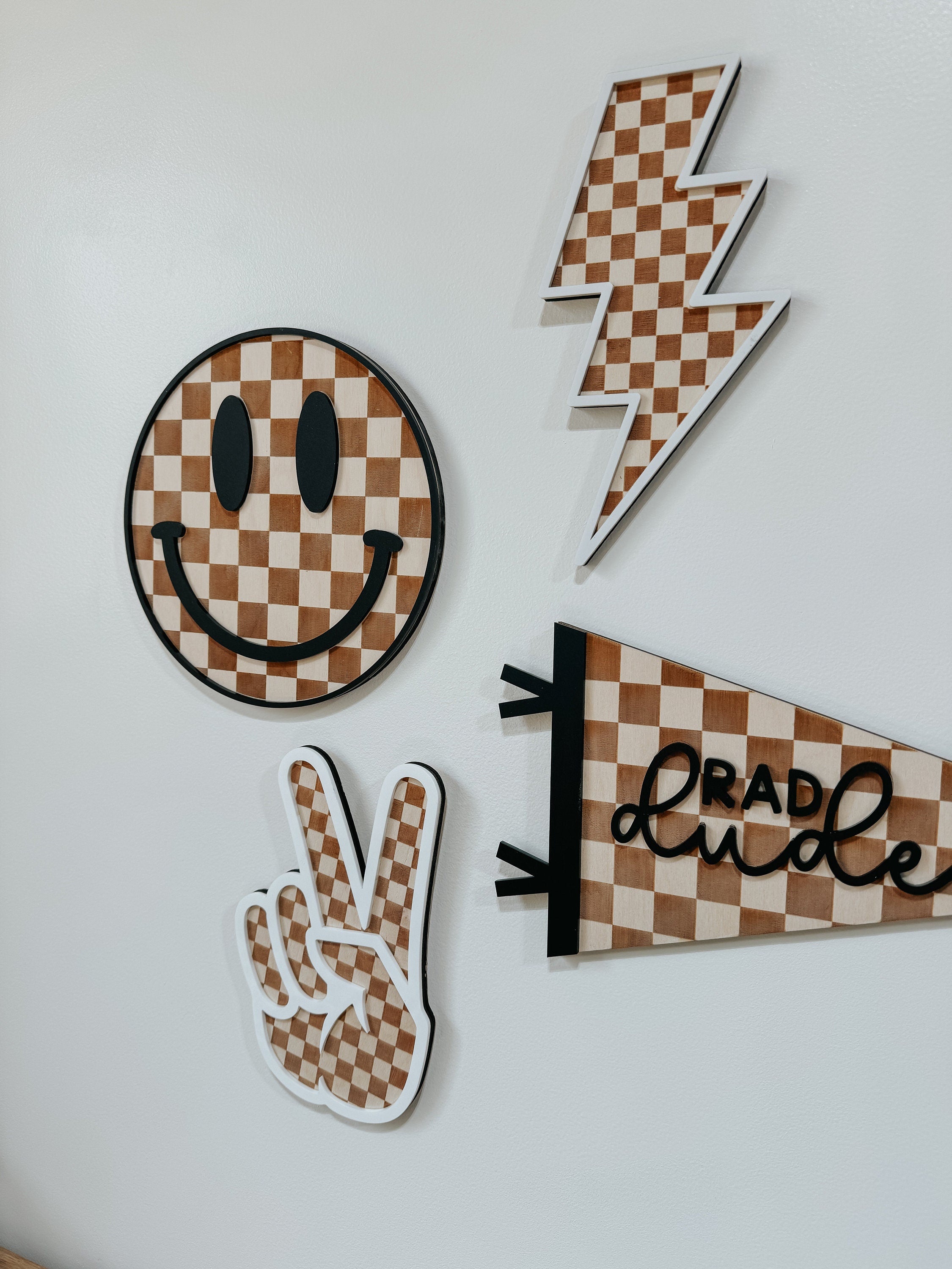 Checker Print Signs | Playroom Decor | Wood Signs | Peace | Lightning | Smile Face | Pennant Flag | Boy | Rad Dude | Wall Art | Boys Room