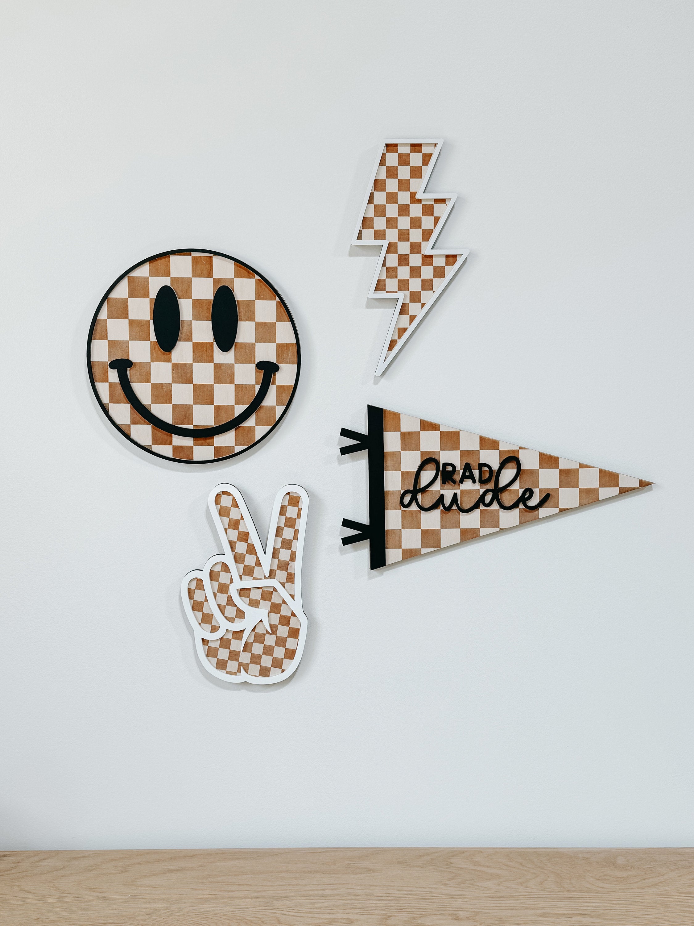 Checker Print Signs | Playroom Decor | Wood Signs | Peace | Lightning | Smile Face | Pennant Flag | Boy | Rad Dude | Wall Art | Boys Room