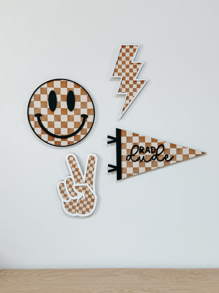 Checker Print Signs | Playroom Decor | Wood Signs | Peace | Lightning | Smile Face | Pennant Flag | Boy | Rad Dude | Wall Art | Boys Room