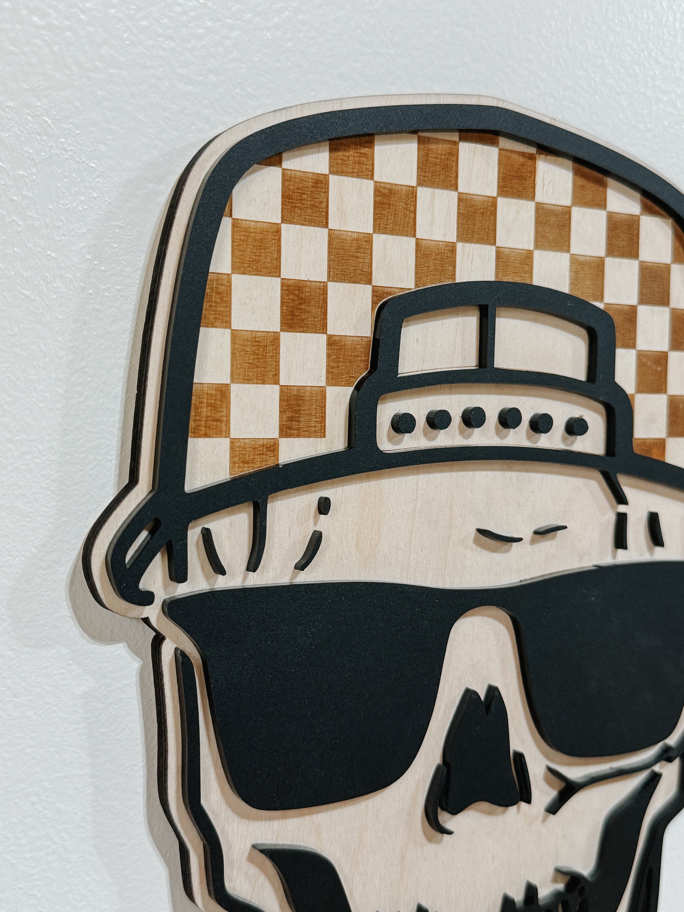 Skull Wall Decor and Bro. Sign | Boys Room Wall Art | Laser Cut Birch and Acrylic | Checkered Hat Skull | Teen Room Decor | Cool Boy Gift