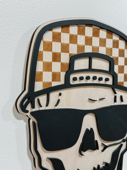 Skull Wall Decor and Bro. Sign | Boys Room Wall Art | Laser Cut Birch and Acrylic | Checkered Hat Skull | Teen Room Decor | Cool Boy Gift