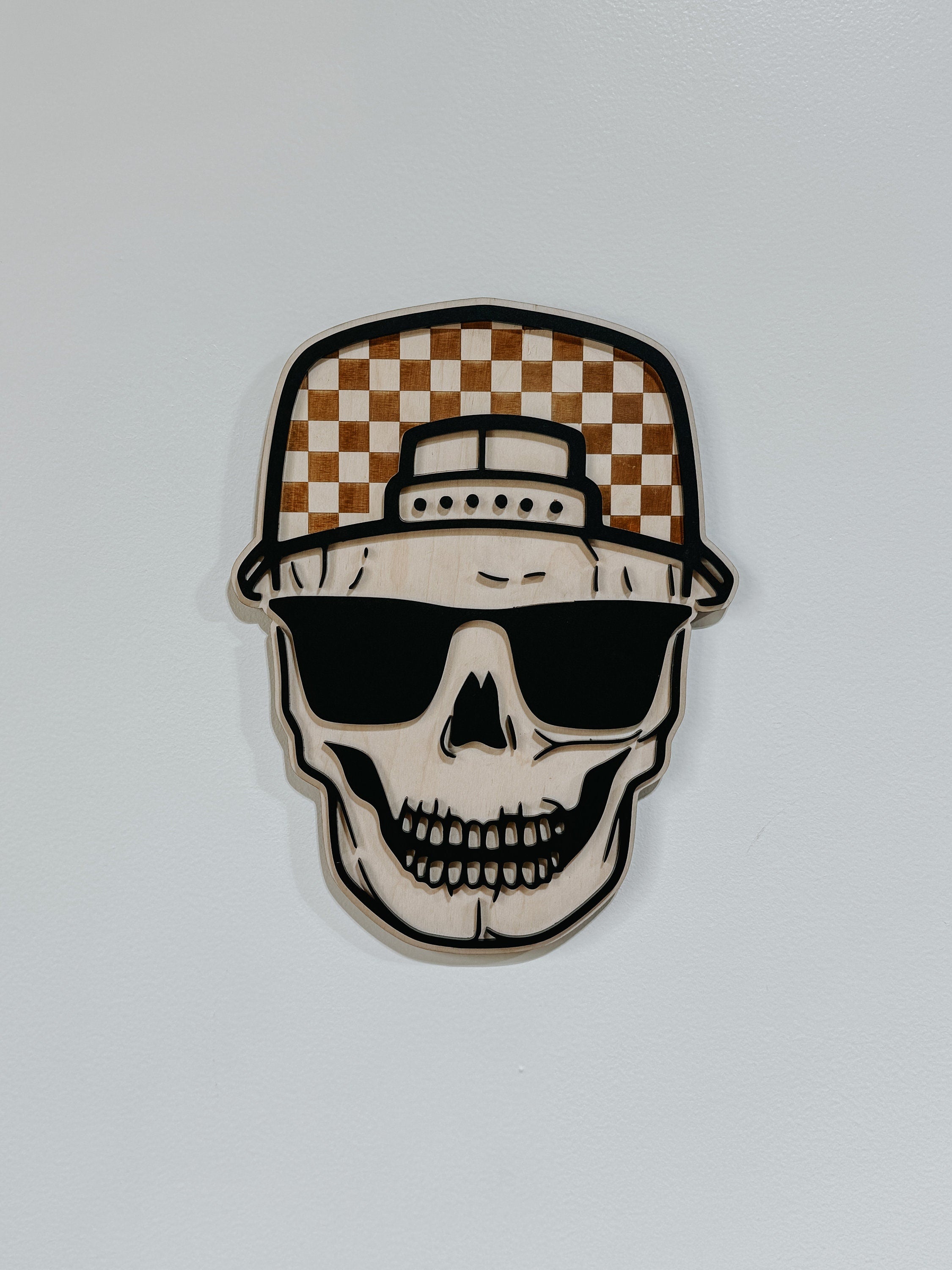 Skull Wall Decor and Bro. Sign | Boys Room Wall Art | Laser Cut Birch and Acrylic | Checkered Hat Skull | Teen Room Decor | Cool Boy Gift