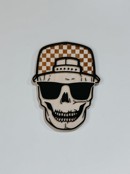 Skull Wall Decor and Bro. Sign | Boys Room Wall Art | Laser Cut Birch and Acrylic | Checkered Hat Skull | Teen Room Decor | Cool Boy Gift