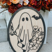 Fall Door Sign | Ghost | Halloween | Front Porch Decor | Wood Sign | Cute Ghost | Florals | 3D Layered | oval | Welcome