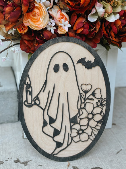 Fall Door Sign | Ghost | Halloween | Front Porch Decor | Wood Sign | Cute Ghost | Florals | 3D Layered | oval | Welcome