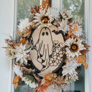 Fall Door Sign | Ghost | Halloween | Front Porch Decor | Wood Sign | Cute Ghost | Florals | 3D Layered | oval | Welcome