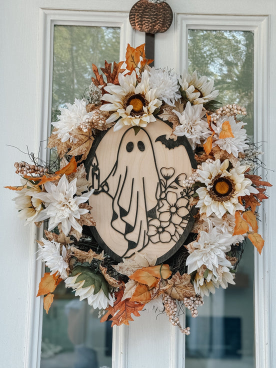 Fall Door Sign | Ghost | Halloween | Front Porch Decor | Wood Sign | Cute Ghost | Florals | 3D Layered | oval | Welcome