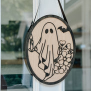 Fall Door Sign | Ghost | Halloween | Front Porch Decor | Wood Sign | Cute Ghost | Florals | 3D Layered | oval | Welcome