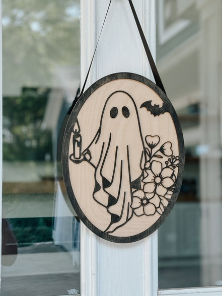 Fall Door Sign | Ghost | Halloween | Front Porch Decor | Wood Sign | Cute Ghost | Florals | 3D Layered | oval | Welcome