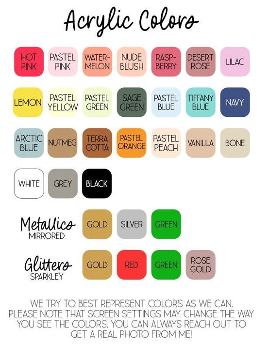 Acrylic stocking-tag color chart with labeled solid, mirrored metallic and glitter finishes.