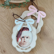Babys first Christmas ornament | photo ornament | baby keepsake | milestone | gift | baby shower | christmas | wood | minimalist | bow