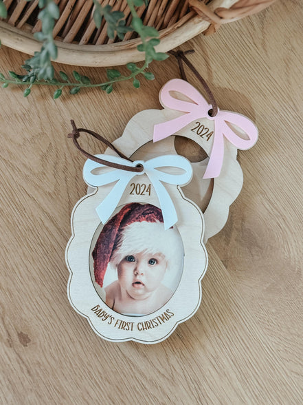 Babys first Christmas ornament | photo ornament | baby keepsake | milestone | gift | baby shower | christmas | wood | minimalist | bow