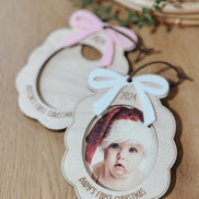 Babys first Christmas ornament | photo ornament | baby keepsake | milestone | gift | baby shower | christmas | wood | minimalist | bow