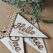 Flag Milestone | pennant Birth Announcement | Modern Milestones | Baby Shower gift | Boho Baby | Wooden Milestone | Newborn | checker print
