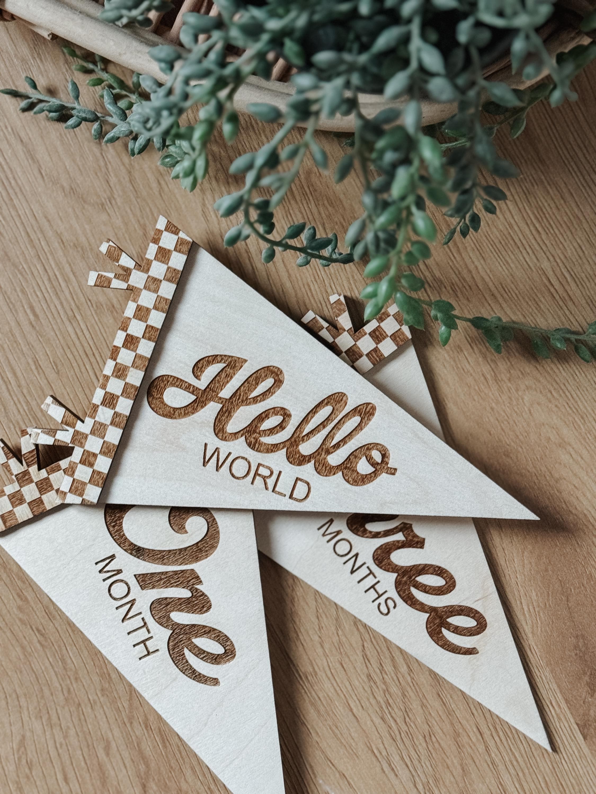 Flag Milestone | pennant Birth Announcement | Modern Milestones | Baby Shower gift | Boho Baby | Wooden Milestone | Newborn | checker print