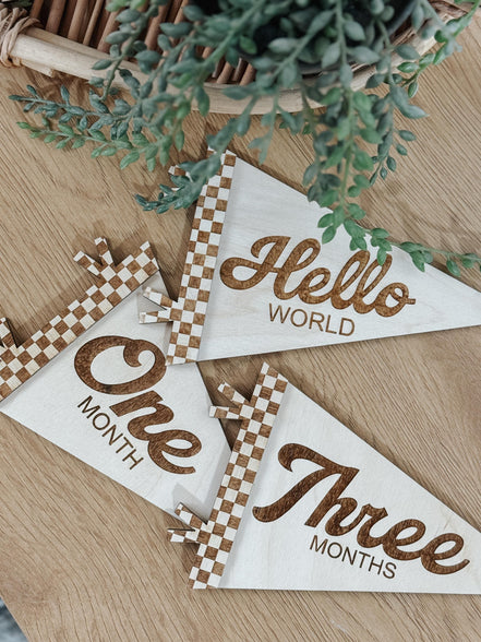 Flag Milestone | pennant Birth Announcement | Modern Milestones | Baby Shower gift | Boho Baby | Wooden Milestone | Newborn | checker print