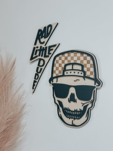 Checker Print Skull | Playroom Decor | Wood Signs | snap back | hat | skull Face | modern | Boy | Rad Dude | Wall Art | Boys Room