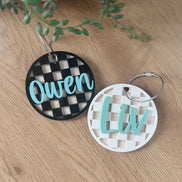 Custom Name Keychain with Checker Print | Personalized Backpack Charm | 3D Acrylic Name Tag | Trendy Laser Cut Keychain | Gift for  teacher