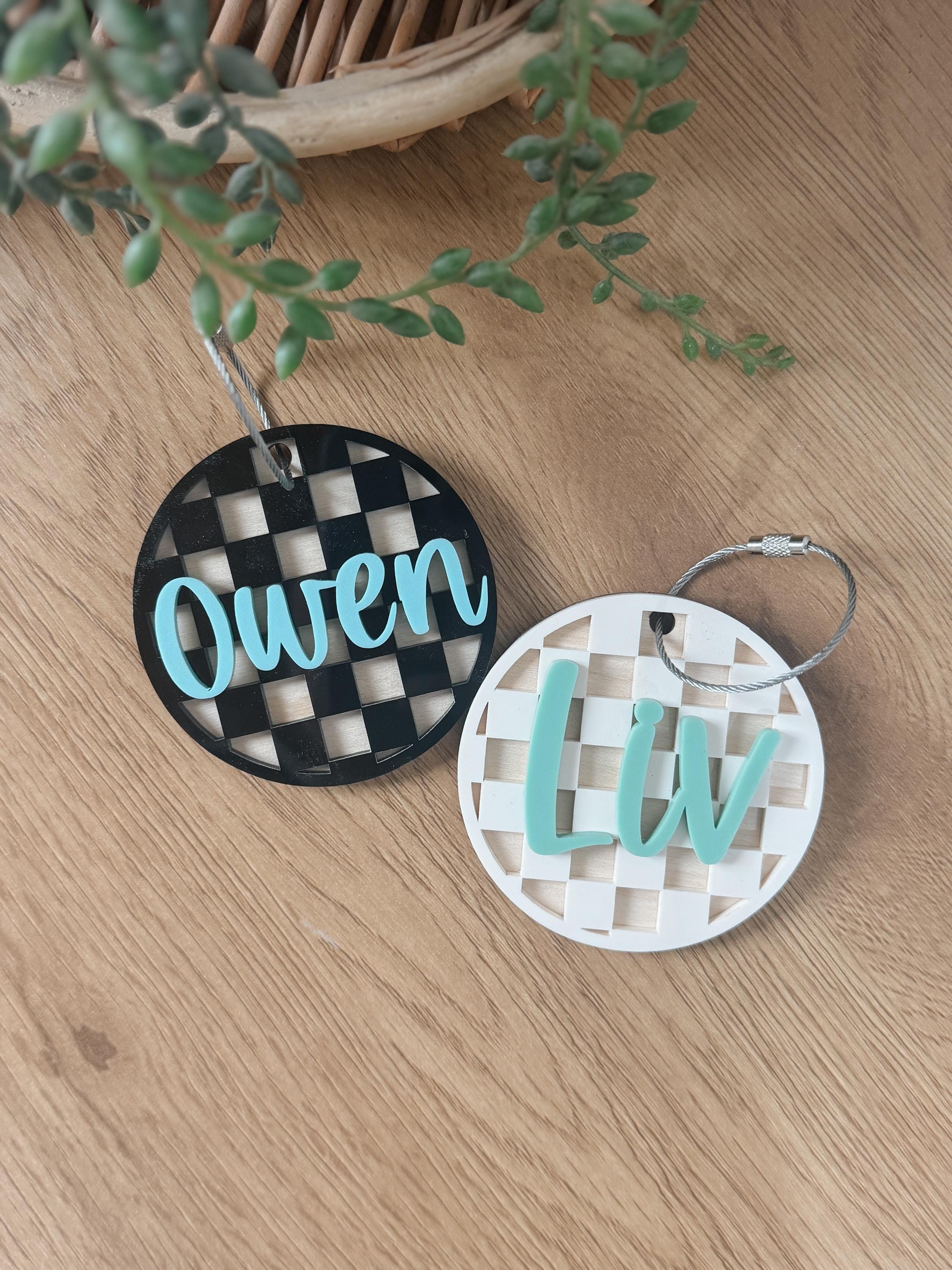 Custom Name Keychain with Checker Print | Personalized Backpack Charm | 3D Acrylic Name Tag | Trendy Laser Cut Keychain | Gift for  teacher