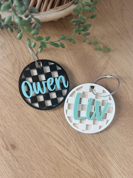 Custom Name Keychain with Checker Print | Personalized Backpack Charm | 3D Acrylic Name Tag | Trendy Laser Cut Keychain | Gift for  teacher