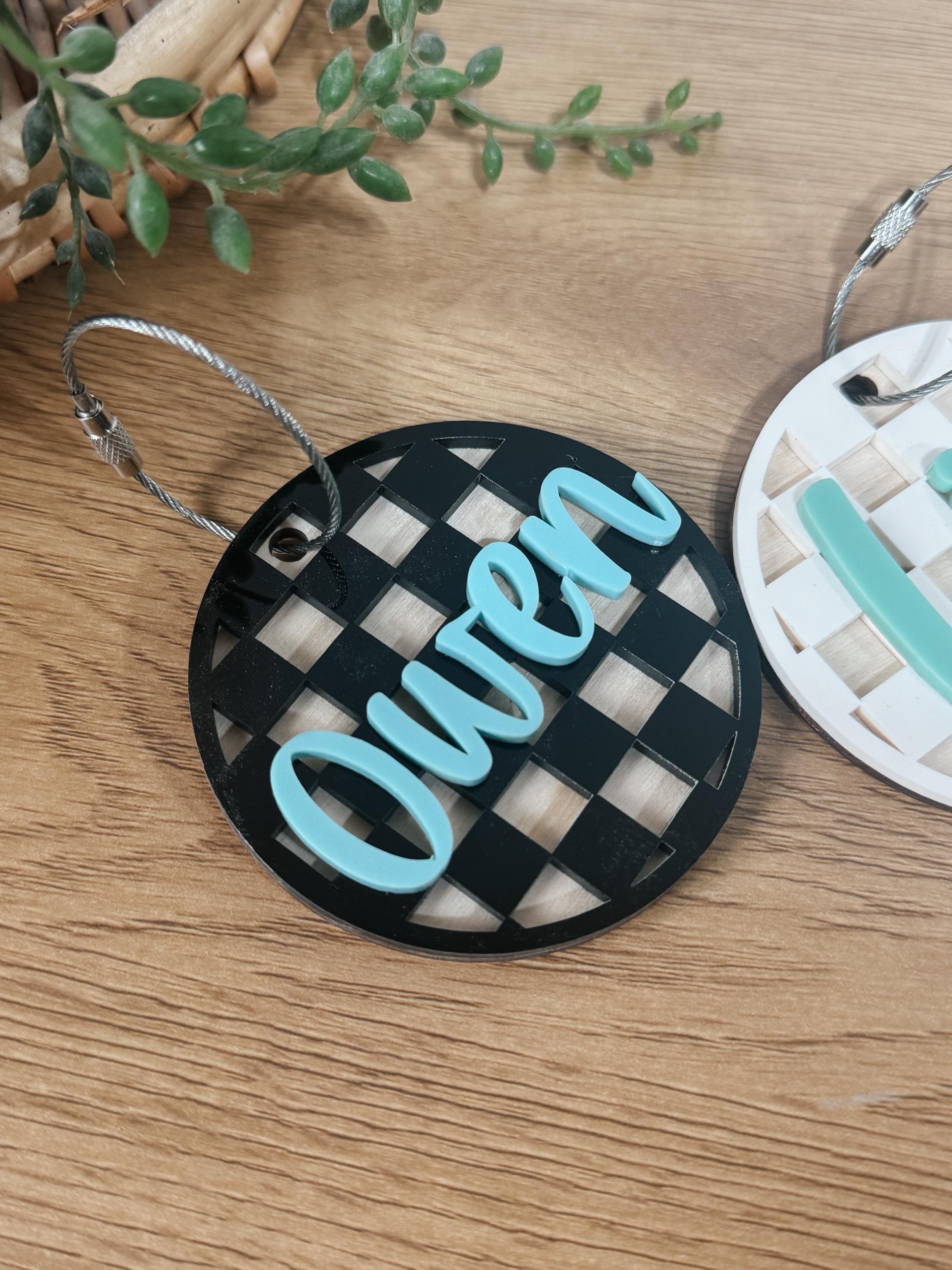 Custom Name Keychain with Checker Print | Personalized Backpack Charm | 3D Acrylic Name Tag | Trendy Laser Cut Keychain | Gift for  teacher