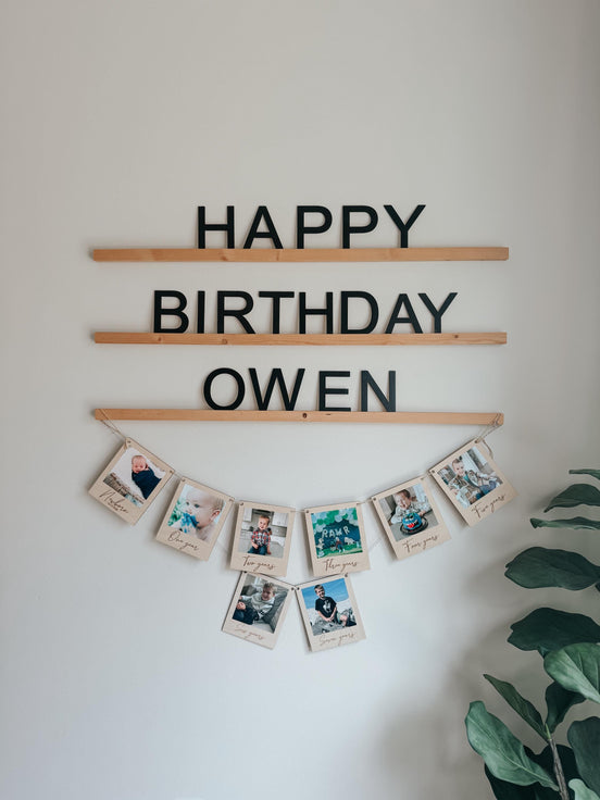Milestone Birthday Photo Banner | Personalized Wooden Polaroid-Style Picture Display | Yearly Birthday Keepsake for Kids