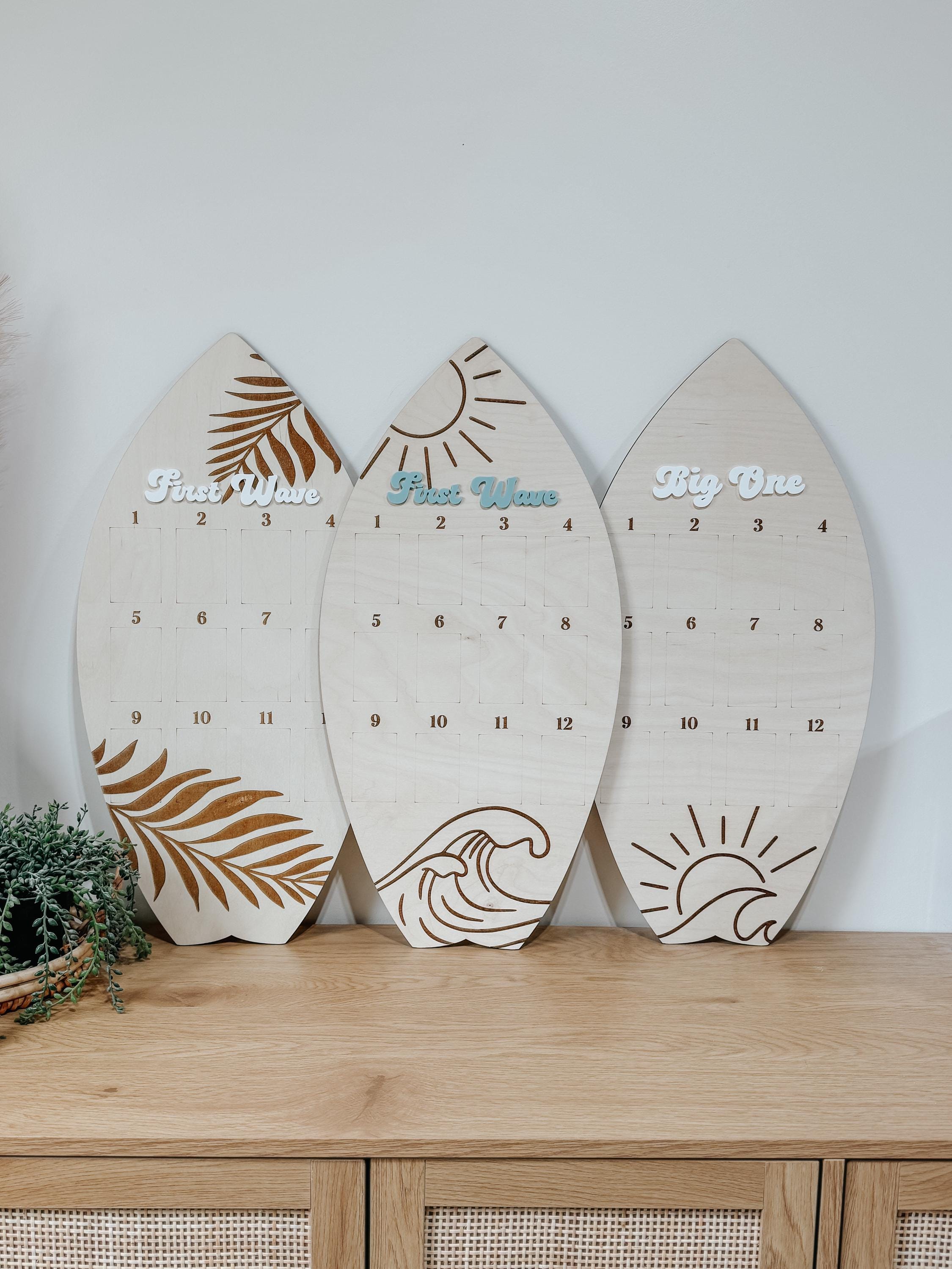 Surfboard First Birthday Photo Display | Monthly Milestone Sign | Beach Theme Birthday Decor | Wood Photo Board | Big one First Wave party
