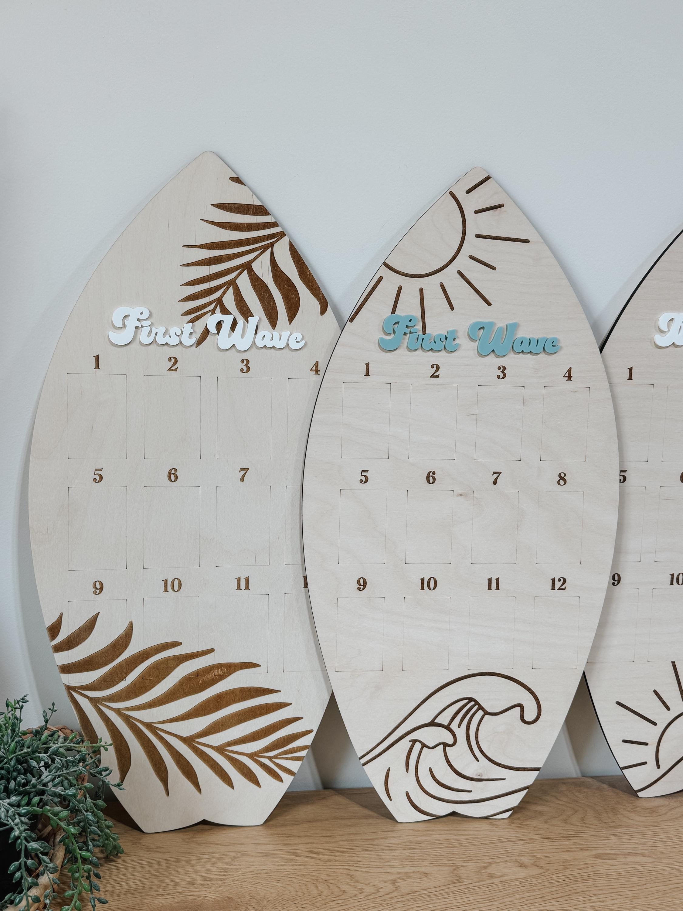 Surfboard First Birthday Photo Display | Monthly Milestone Sign | Beach Theme Birthday Decor | Wood Photo Board | Big one First Wave party
