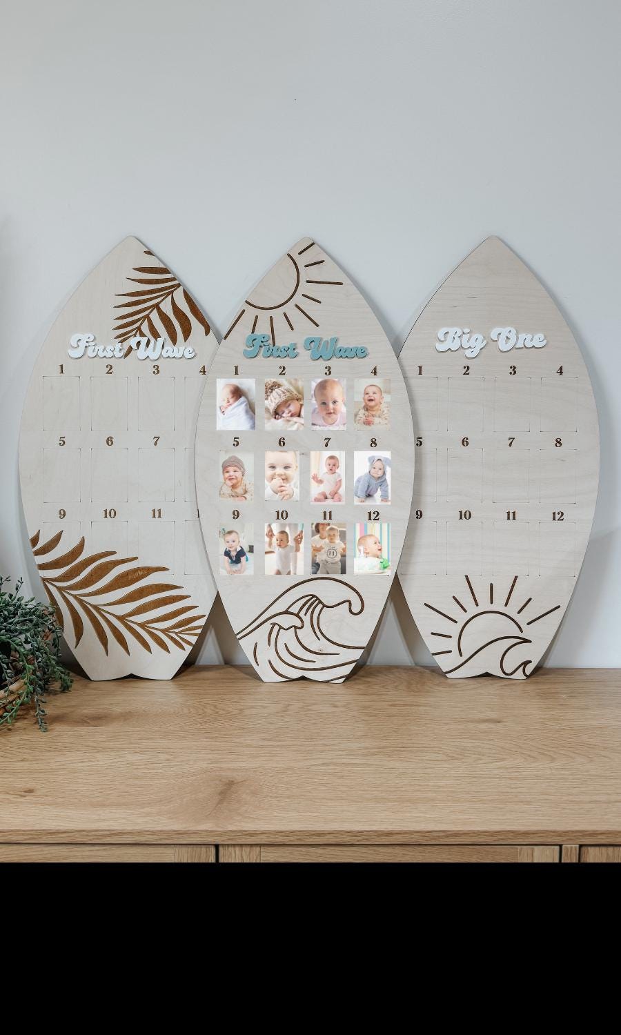 Surfboard First Birthday Photo Display | Monthly Milestone Sign | Beach Theme Birthday Decor | Wood Photo Board | Big one First Wave party