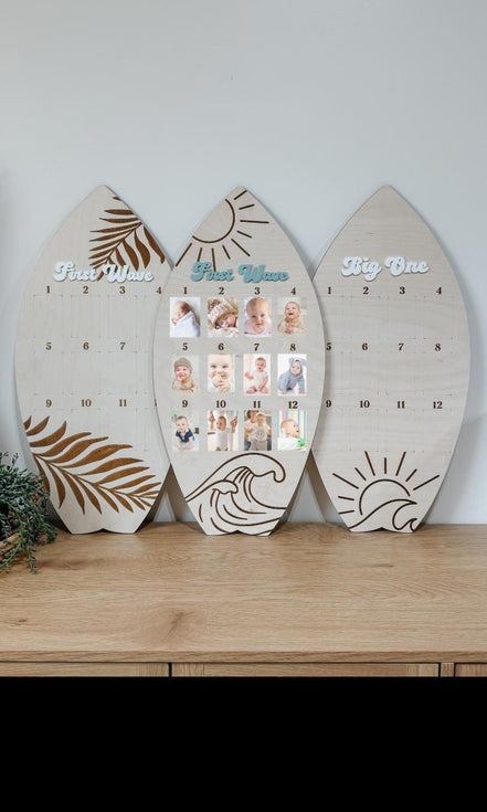 Surfboard First Birthday Photo Display | Monthly Milestone Sign | Beach Theme Birthday Decor | Wood Photo Board | Big one First Wave party