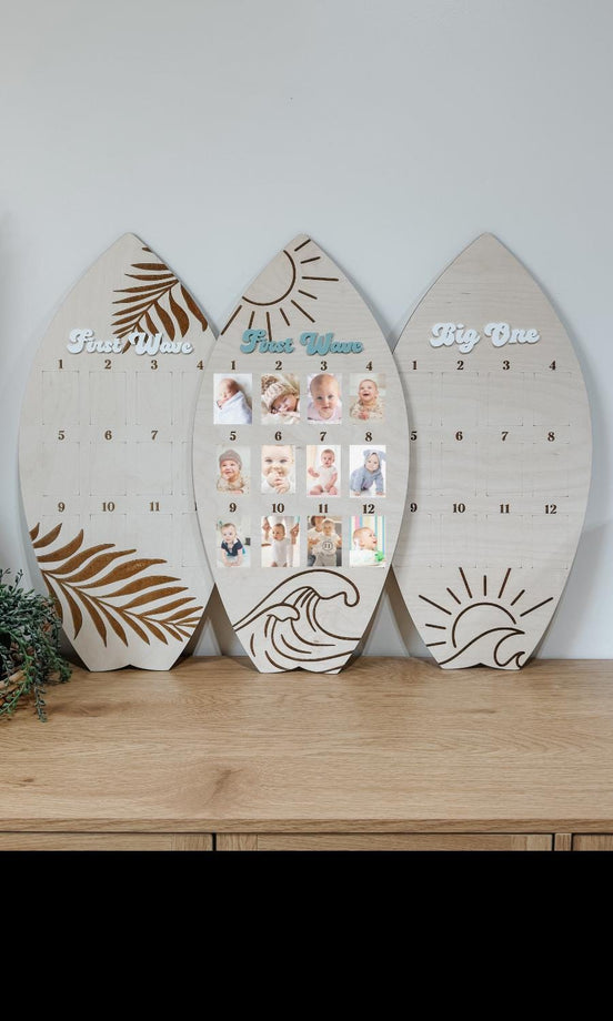 Surfboard First Birthday Photo Display | Monthly Milestone Sign | Beach Theme Birthday Decor | Wood Photo Board | Big one First Wave party